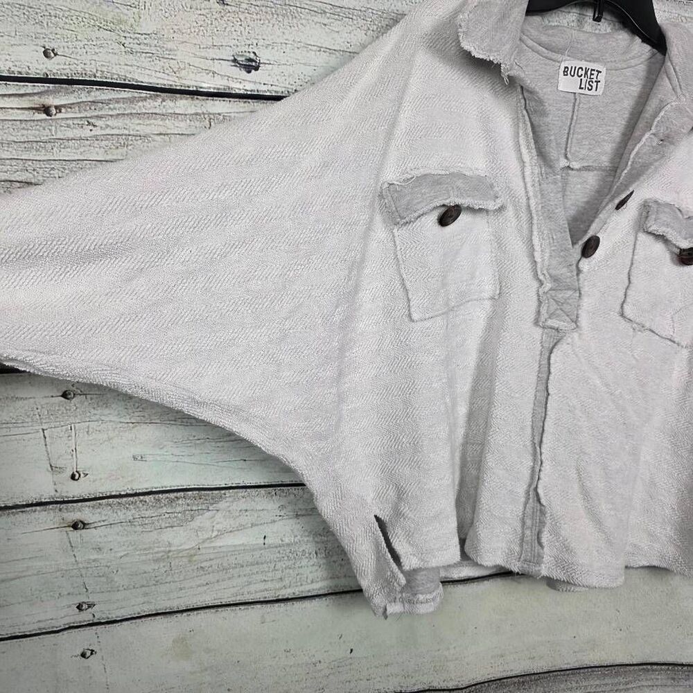 Bucket List M Gray Raw Hem Button Front Top - image 3